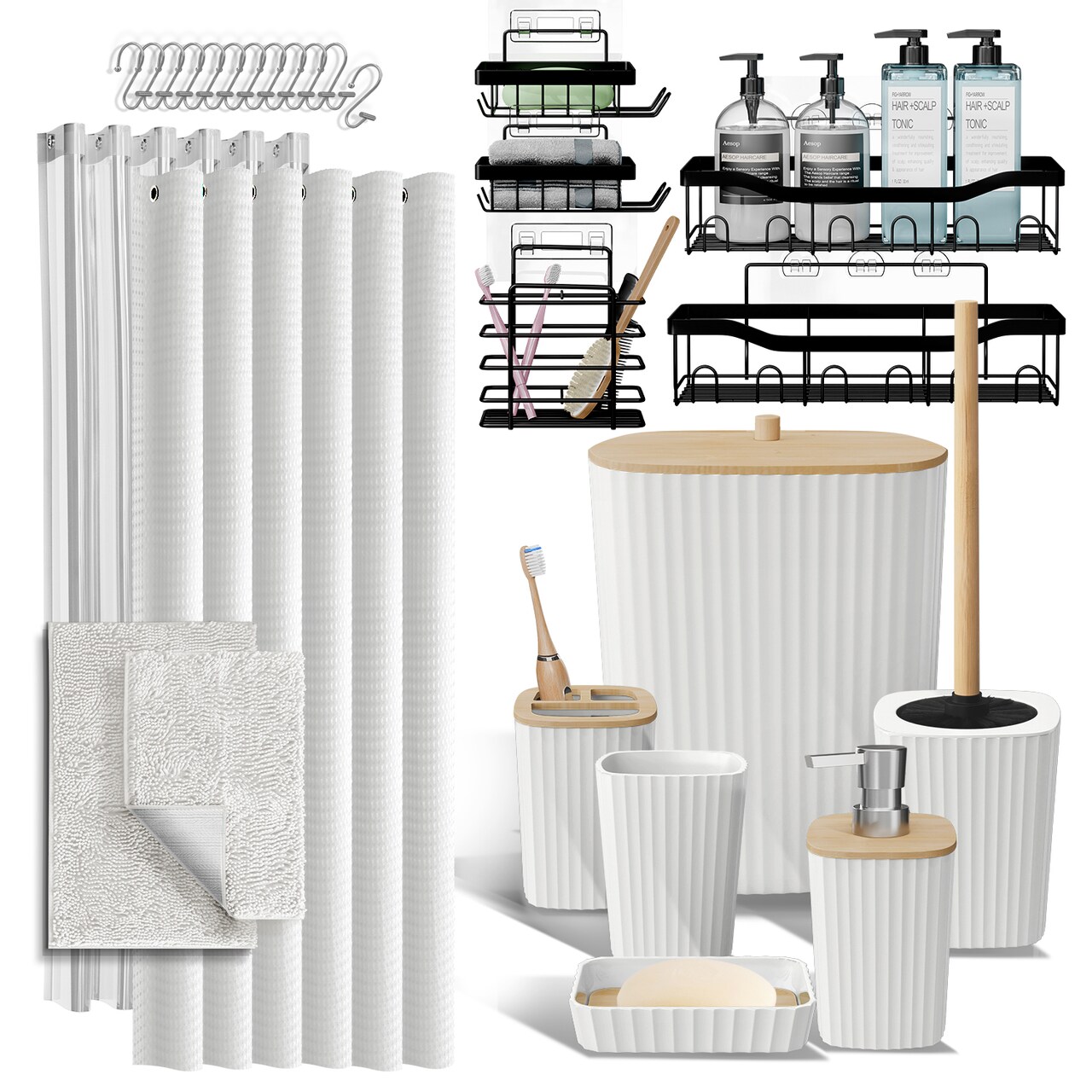 Clara Clark Shower Caddy & Bathroom Accessories Set with Bath Rugs
